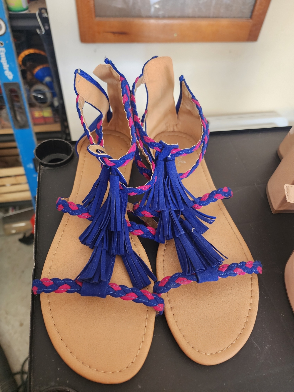 Qupid Blue and Pink Braided Tassel Sandals